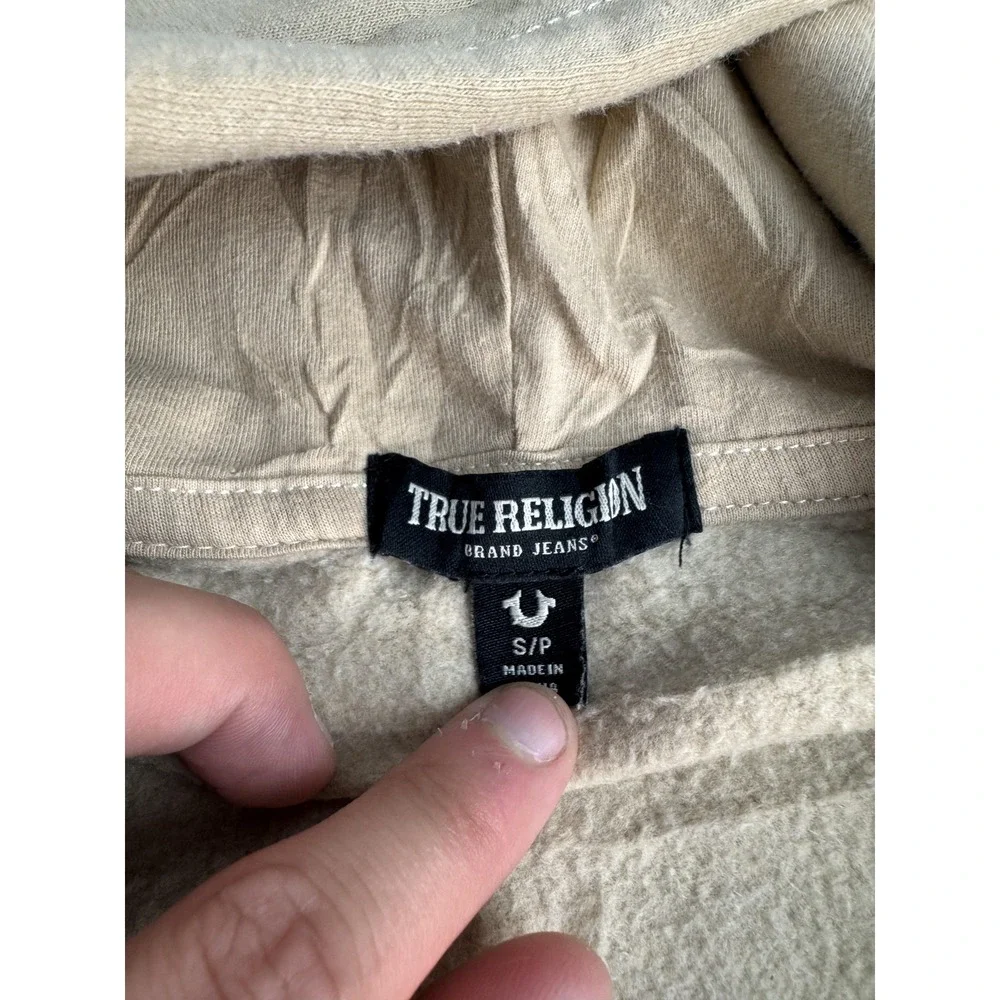 True Religion Hoodie Mens Small Beige Full Zip Fleece Buddha Graphic Sweatshirt